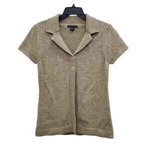 August Silk Women's Tan Short Sleeve Large Button Acrylic Ribbon Knit Cardigan L